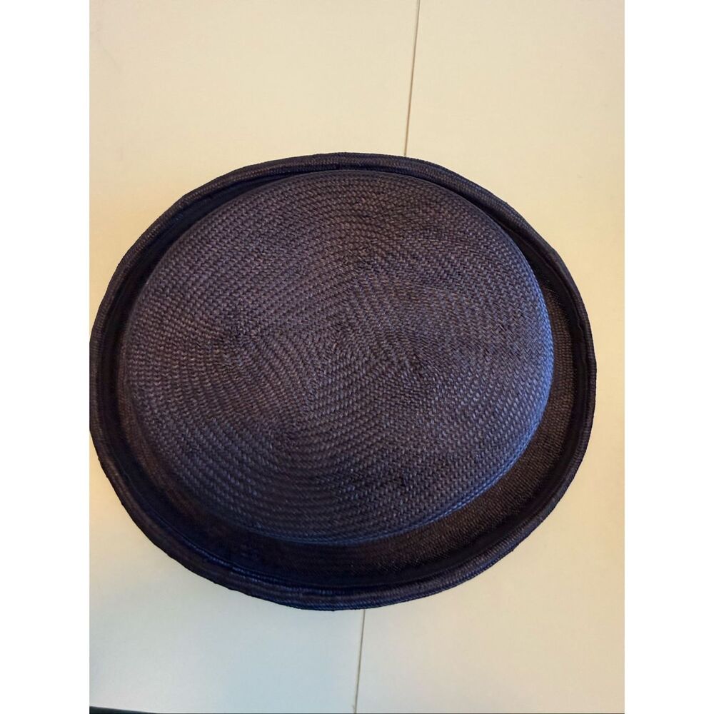 Vintage Eric Javits Boater Hat Navy Straw Grosgrain Ribbon Three Buttons Regal - Picture 4 of 9